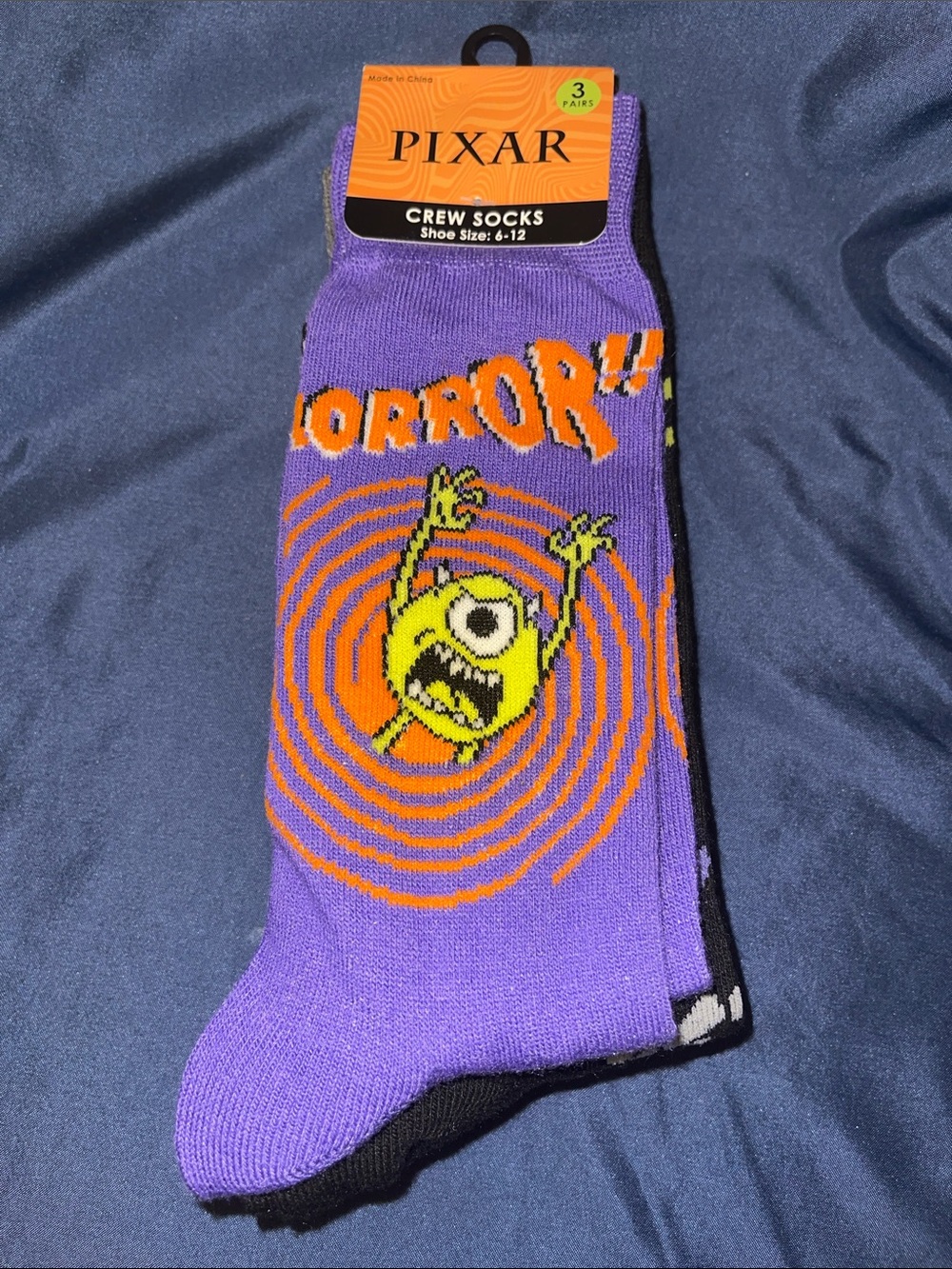 Pixar Men's Crew Socks - Purple Mike Wazowski Horror Graphic